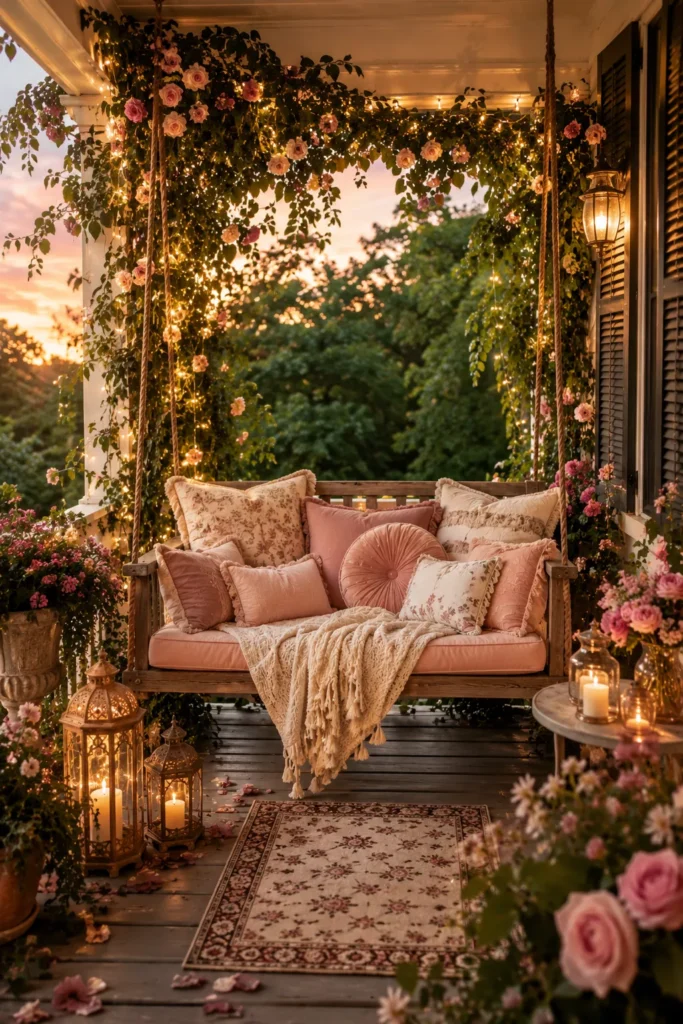A Porch Swing Dripping in Soft Cushions and Throws