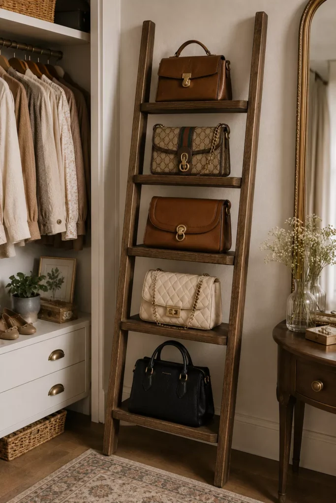 A Vintage Ladder Shelf for Bags