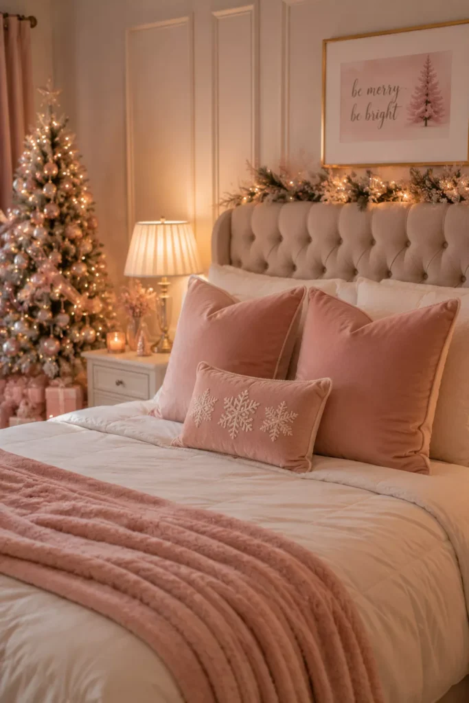 Add a Pink Velvet Christmas Pillow Set to the Bedroom