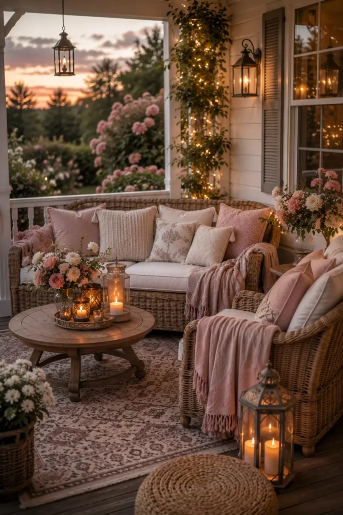 Color Coordinated Cushions and Throws in Soft Romantic Tones