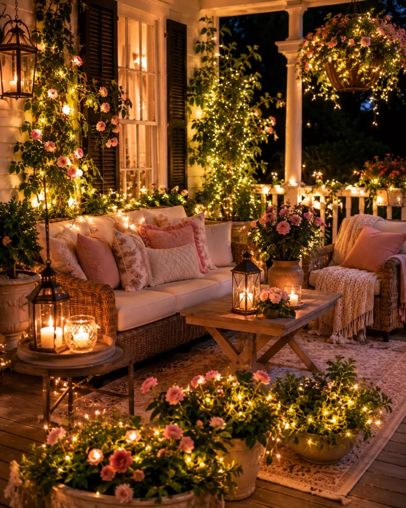 Fairy Lights Woven Through Potted Plants and Greenery
