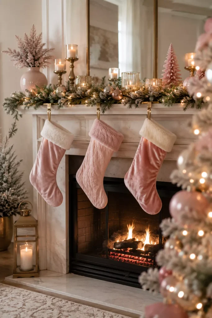 Hang Blush Pink Stockings by the Fireplace