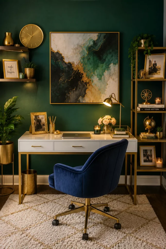 Soft Glam Office Decor With Gold Accents Throughout