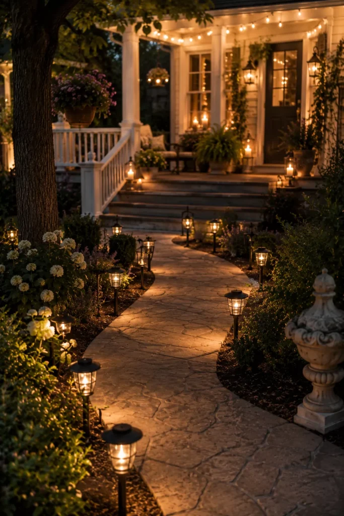 Solar-Powered Garden Lights Along the Porch Pathway