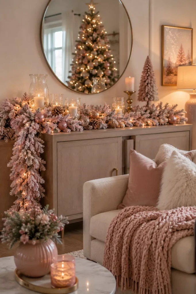Use Pink Flocked Garland on the Mantel