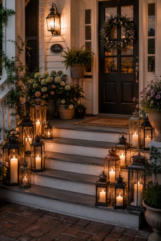 Vintage Lanterns Lined Along Porch Steps