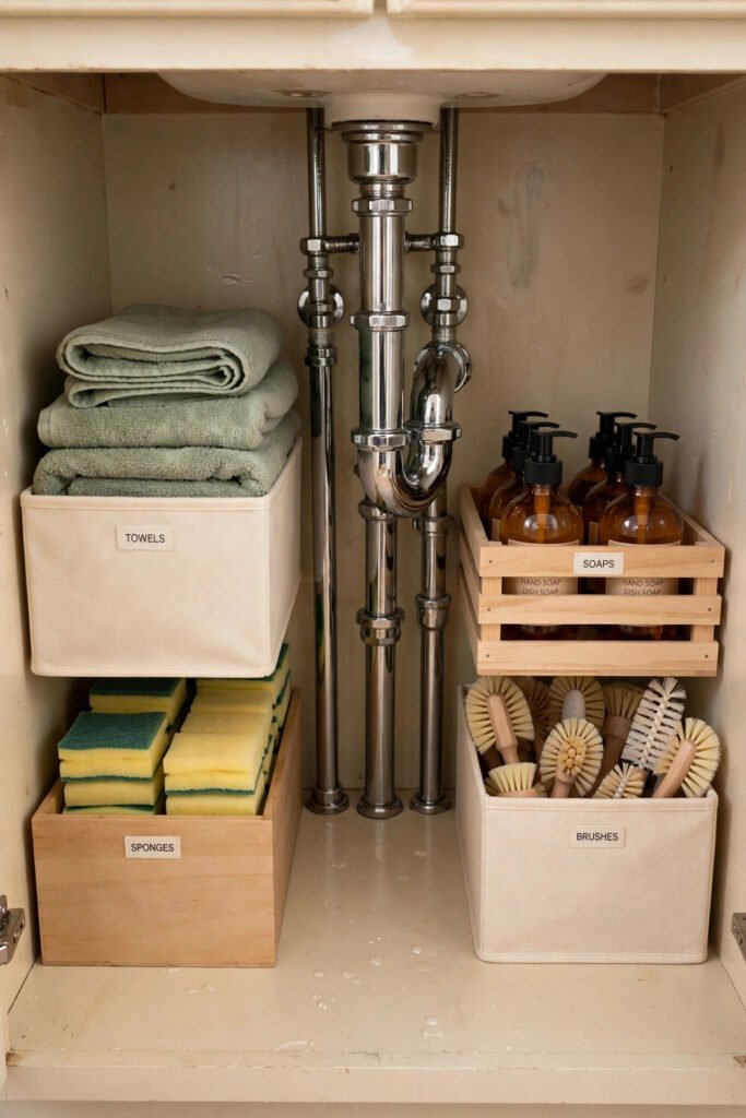 Storage boxes fitted around under sink plumbing