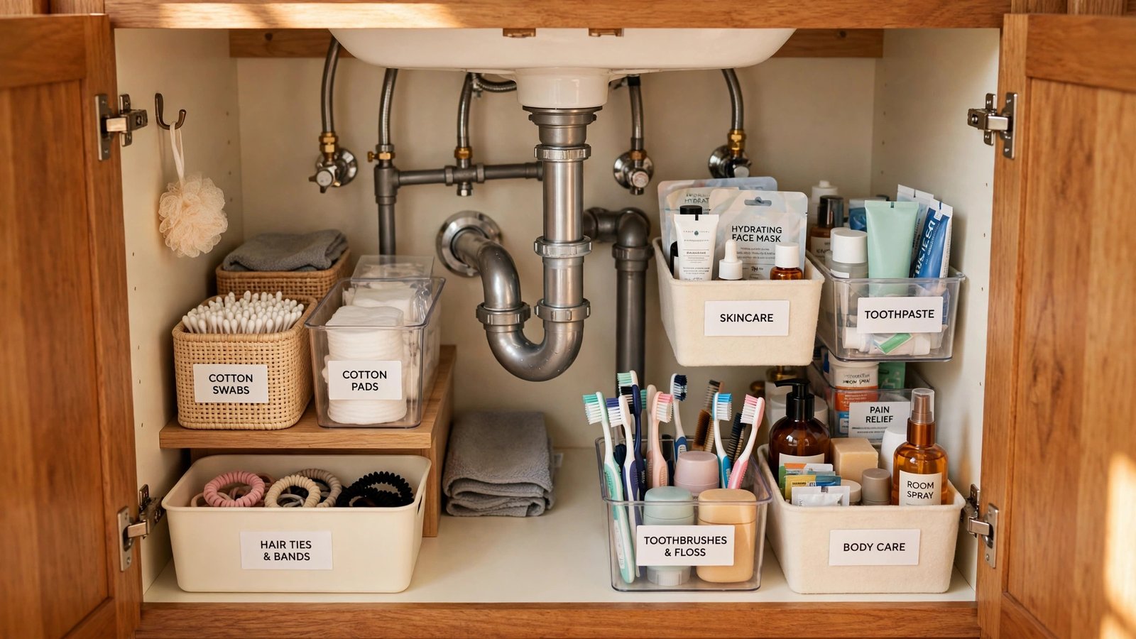Under bathroom sink cabinet organized with labeled bins and baskets around the pipes