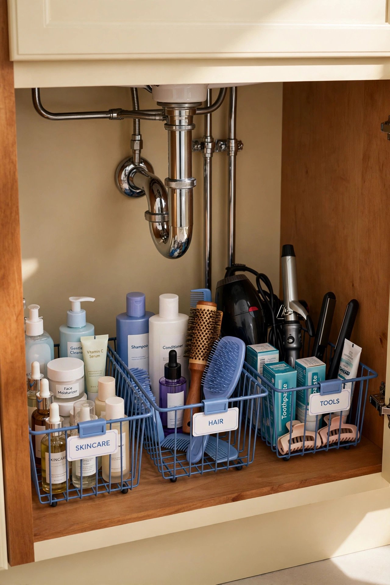 Wire baskets with labeled daily toiletries sorted neatly under a bathroom sink in an under bathroom sink organization setup