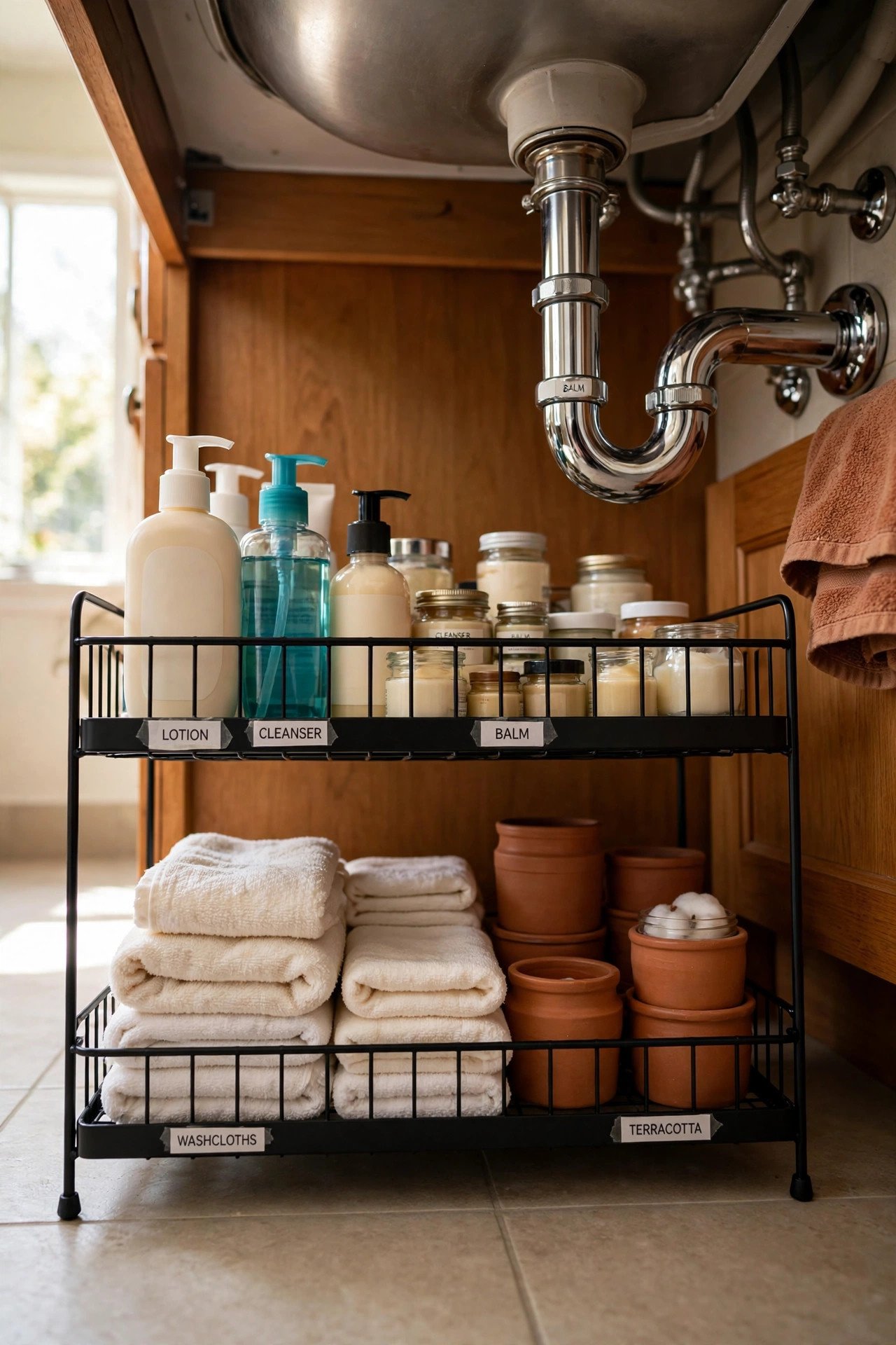 Two-tier metal organizer with labeled everyday bathroom supplies under the sink in an under bathroom sink organization cabinet