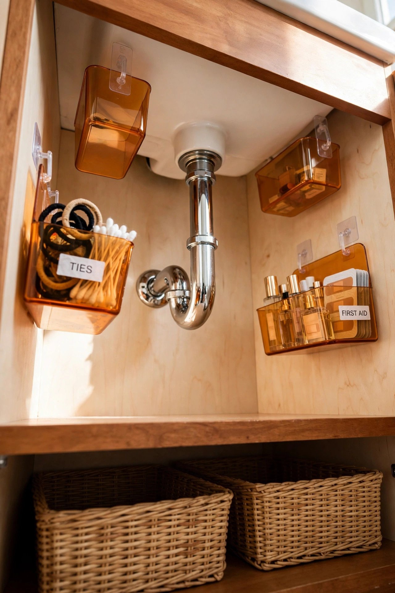 Small labeled hanging bins for tiny items inside an under bathroom sink organization cabinet around the pipes