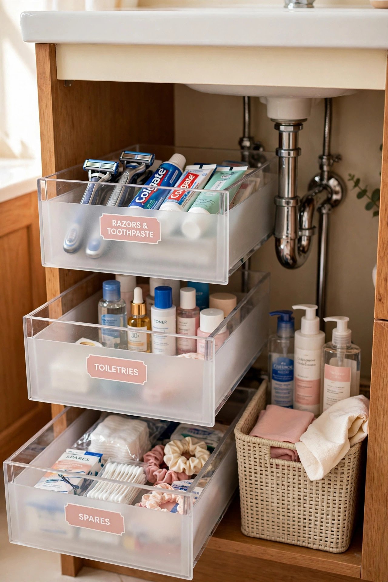 Stacking pull-out drawers filled with labeled bathroom extras in an under bathroom sink organization cabinet