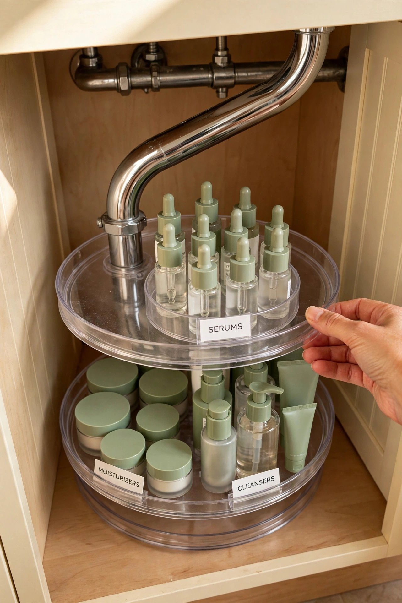 Round turntable with skincare bottles and jars labeled for under bathroom sink organization