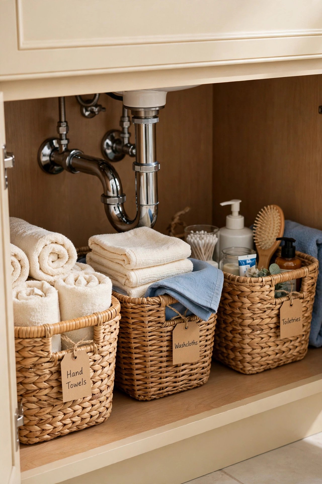 Pretty woven baskets with labeled towels and washcloths in an under bathroom sink organization cabinet