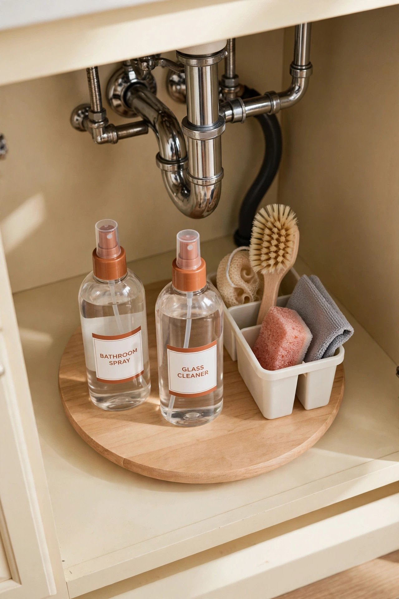 Wooden lazy susan with labeled cleaning supplies under the sink in an under bathroom sink organization setup