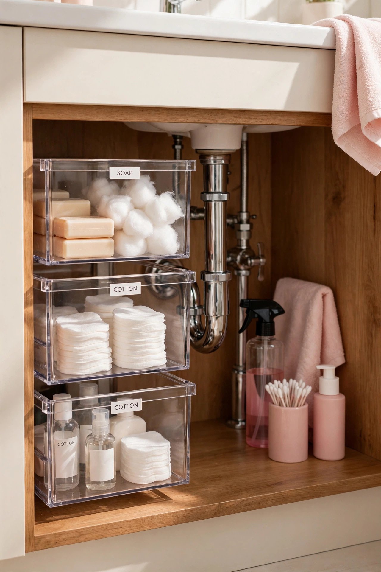Stacked clear drawers with labeled bathroom supplies beside pipes in an under bathroom sink organization cabinet