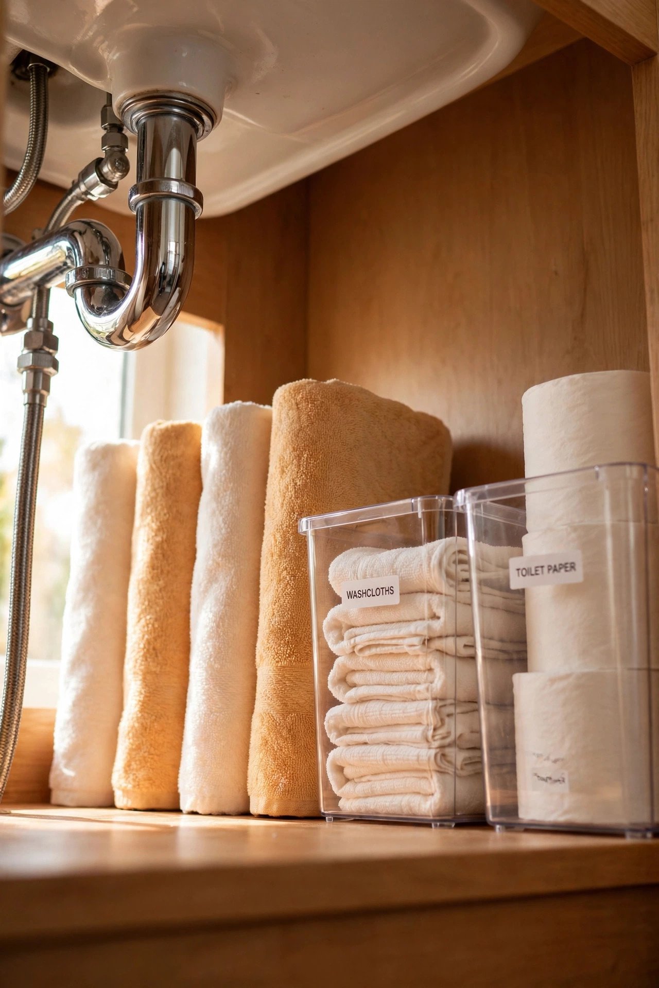 Rolled towels beside labeled clear bins in an under bathroom sink organization cabinet