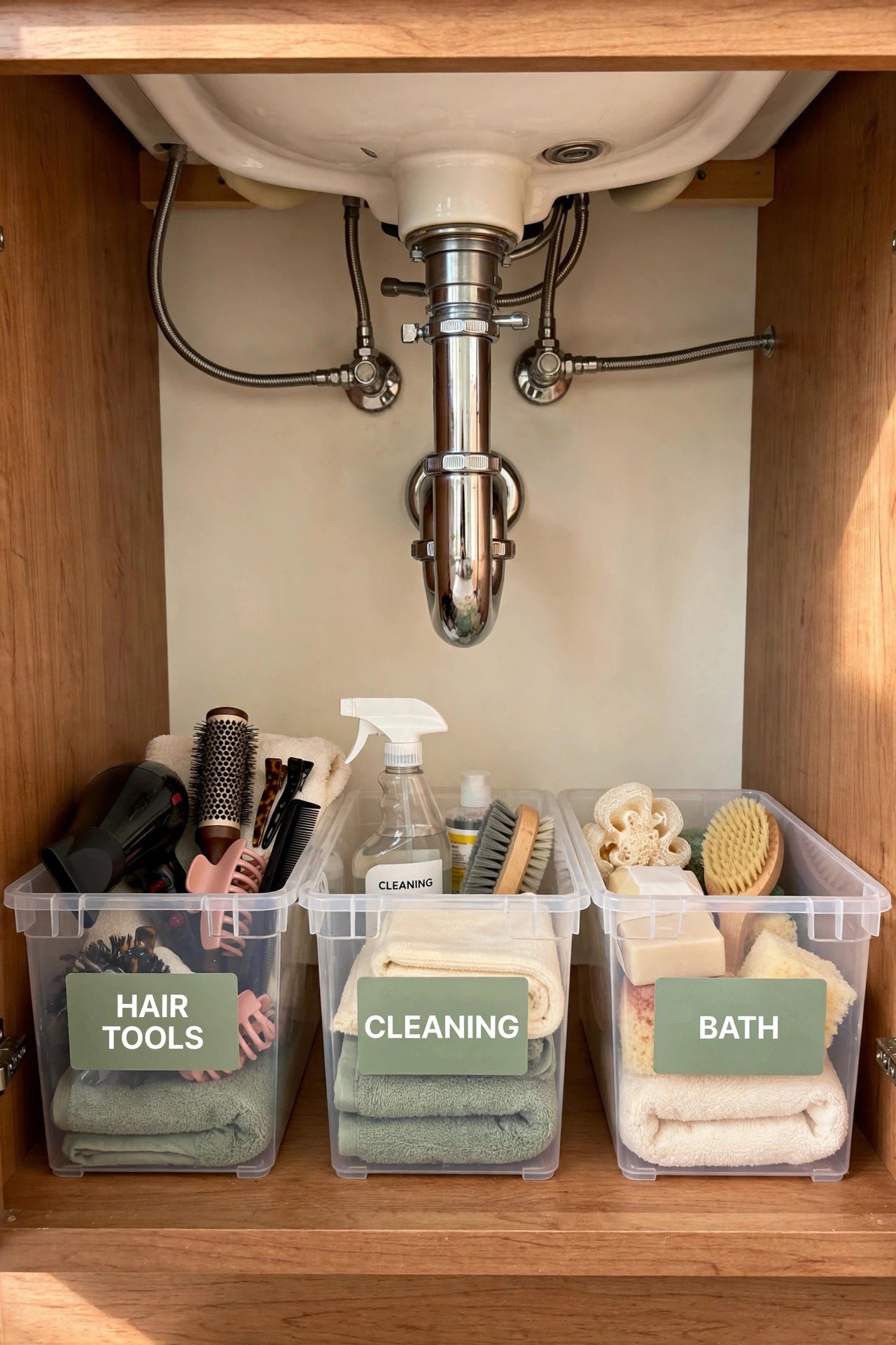 Labeled clear bins sorted by category for under bathroom sink organization around the pipes