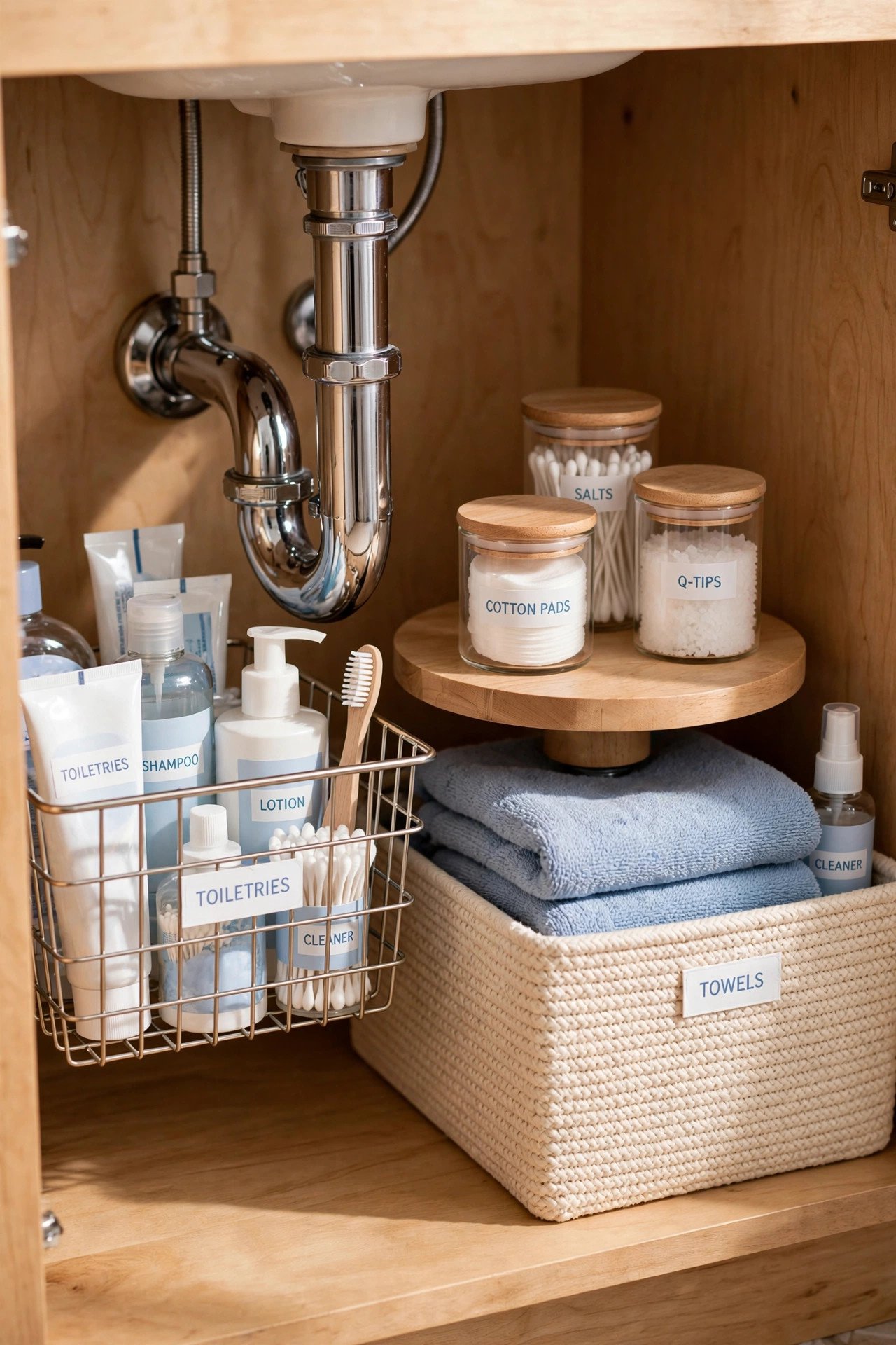 Mixed storage pieces including a wire basket, turntable and crate in an under bathroom sink organization cabinet