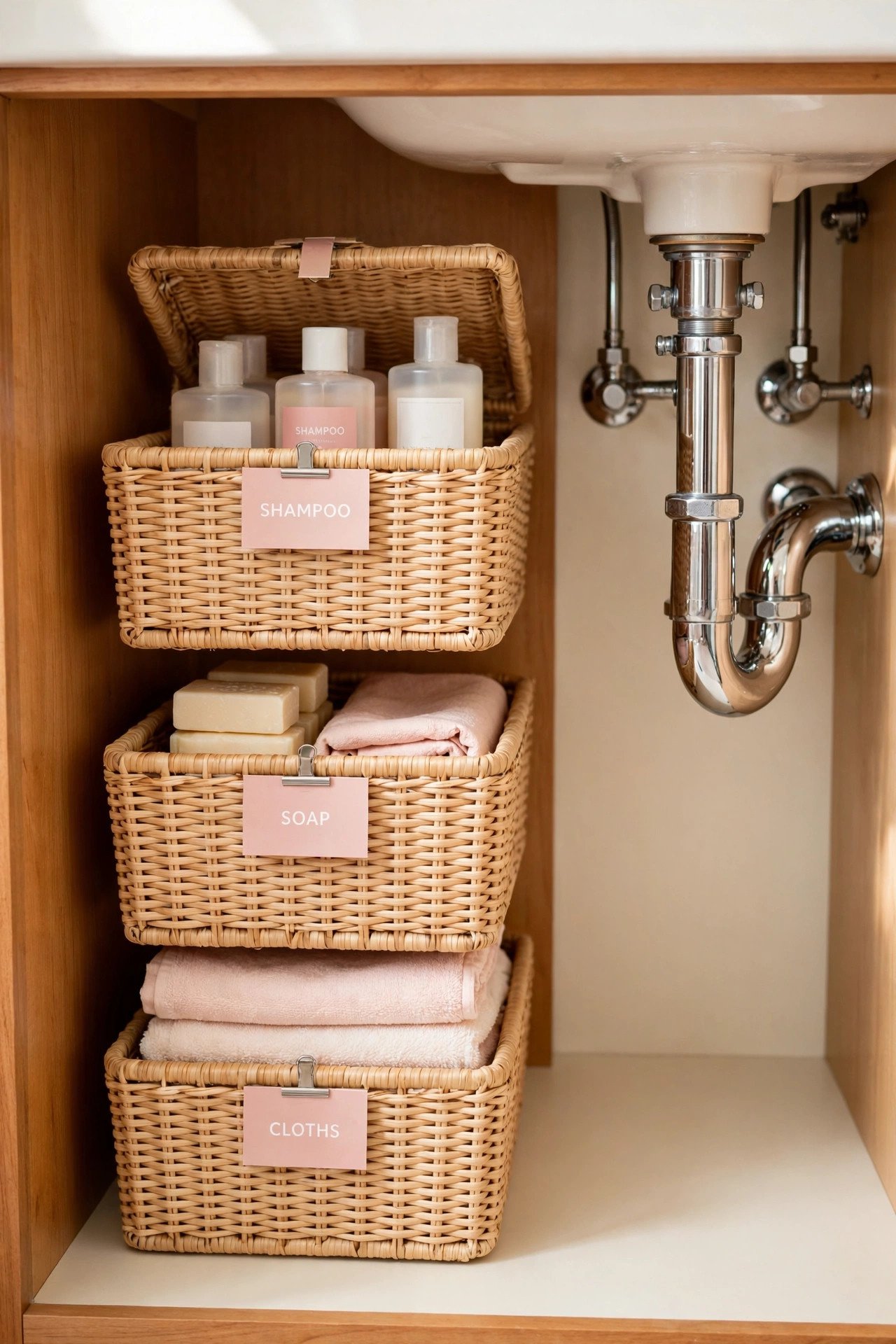 Matching stackable baskets with labeled bathroom supplies in an under bathroom sink organization cabinet