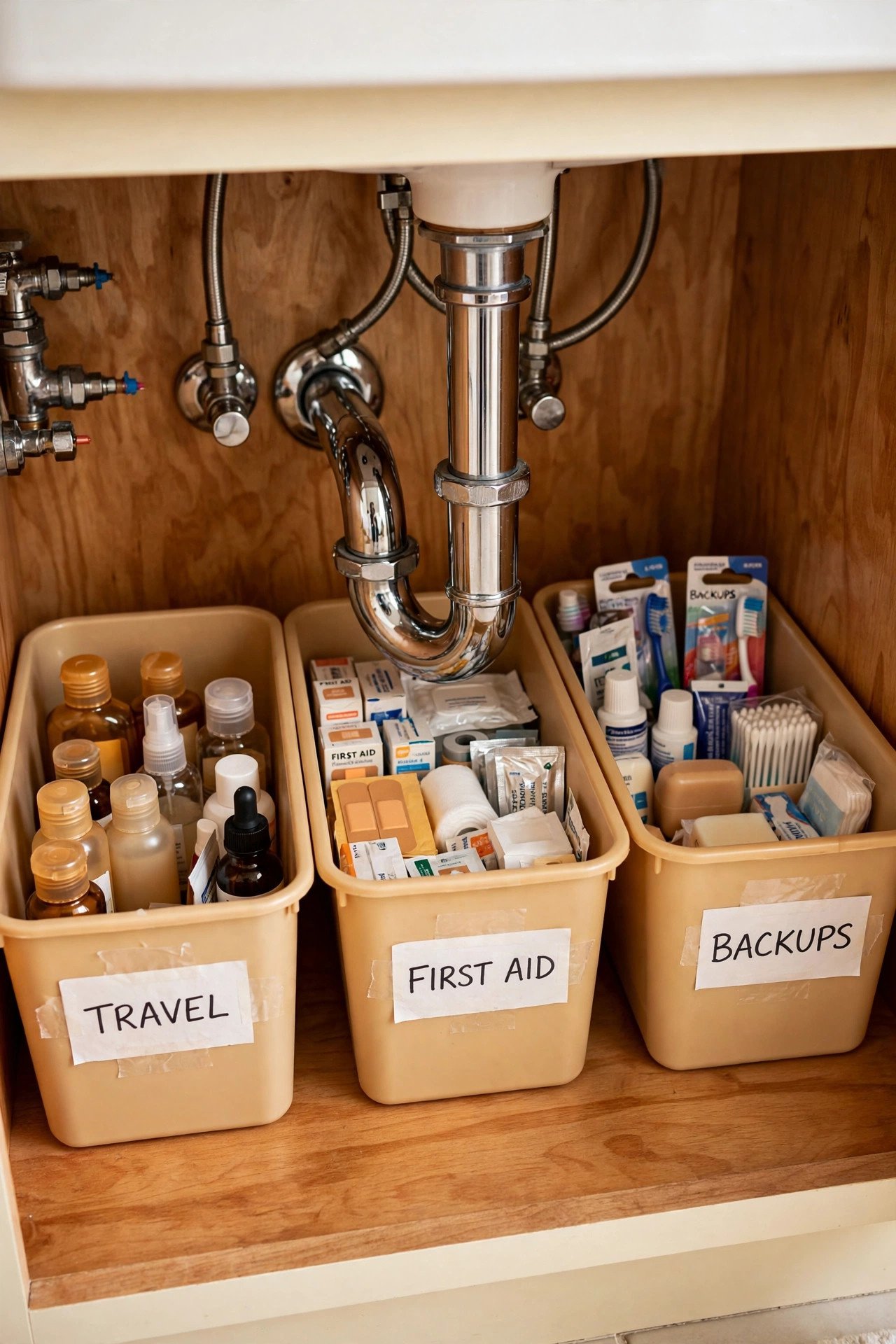 Plain budget bins with labels organizing bathroom supplies in an under bathroom sink organization cabinet
