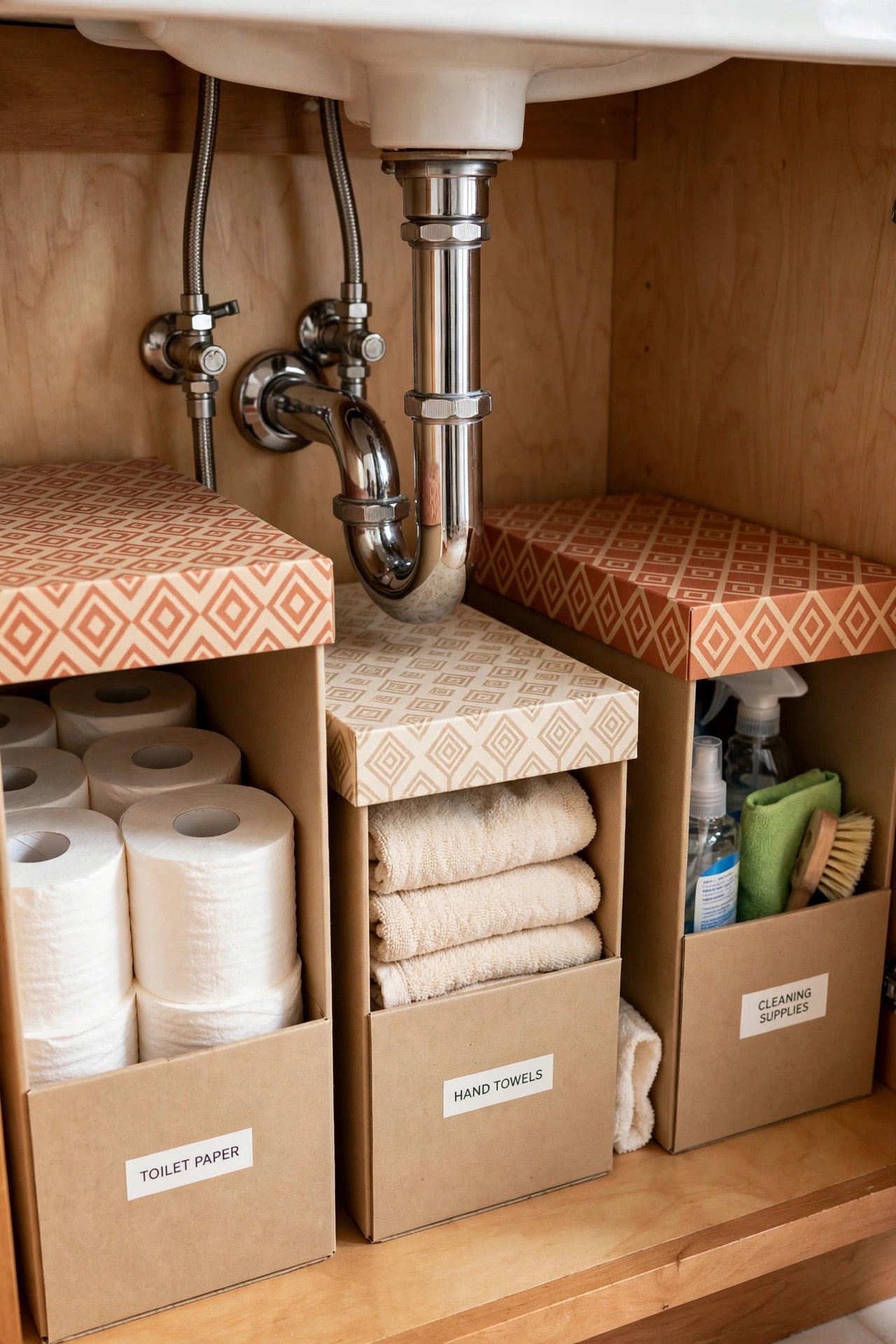 Repurposed tall shoe storage boxes reused as organizers in an under bathroom sink organization cabinet