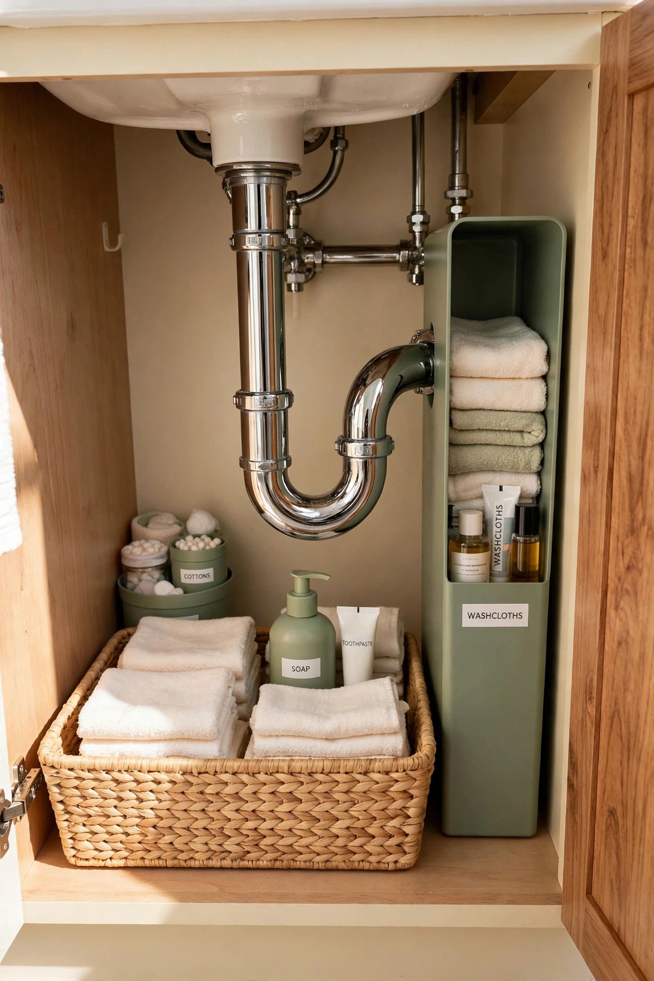Bins of different shapes fitted around sink pipes in an under bathroom sink organization cabinet