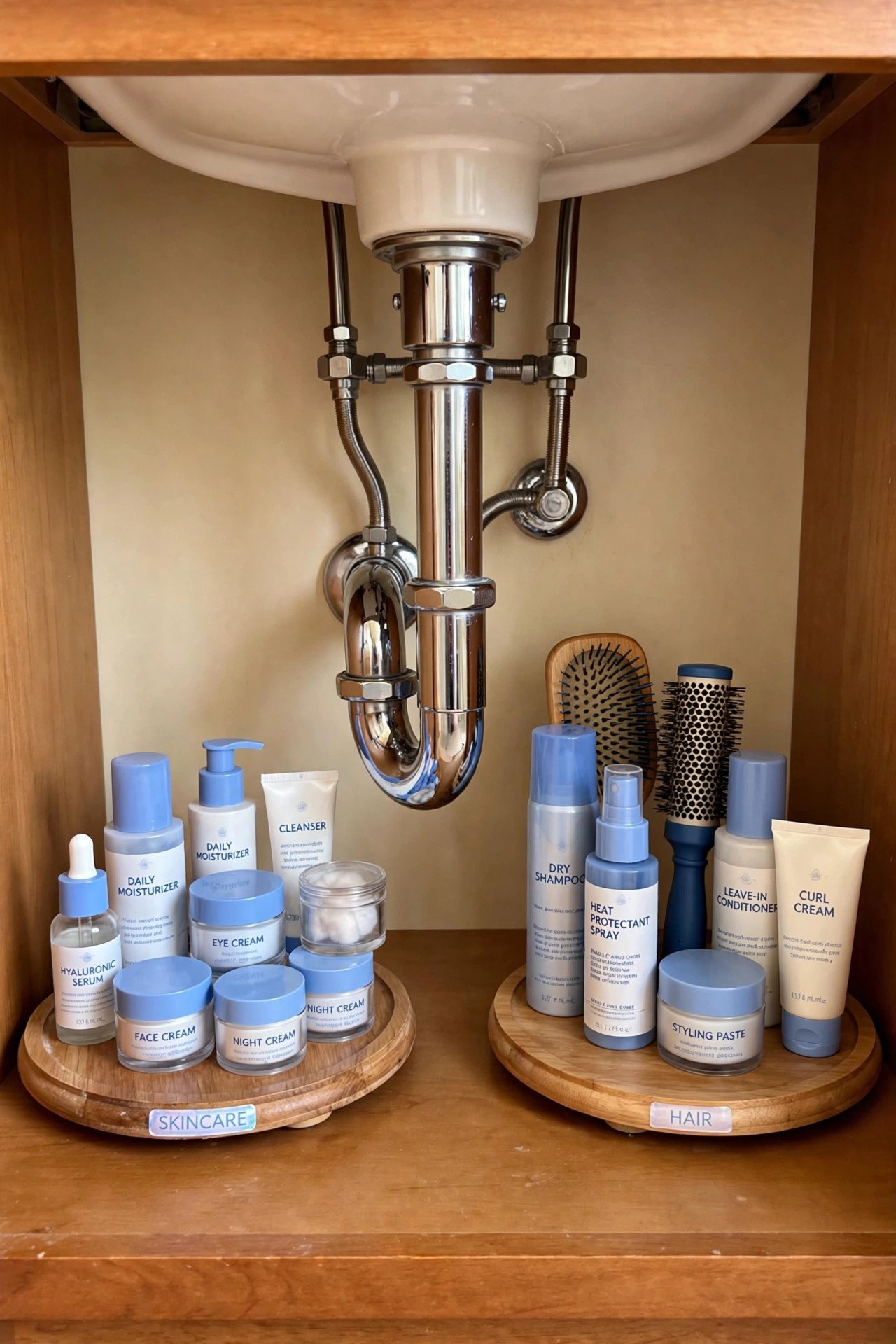Two small lazy susan turntables on either side of pipes in an under bathroom sink organization cabinet