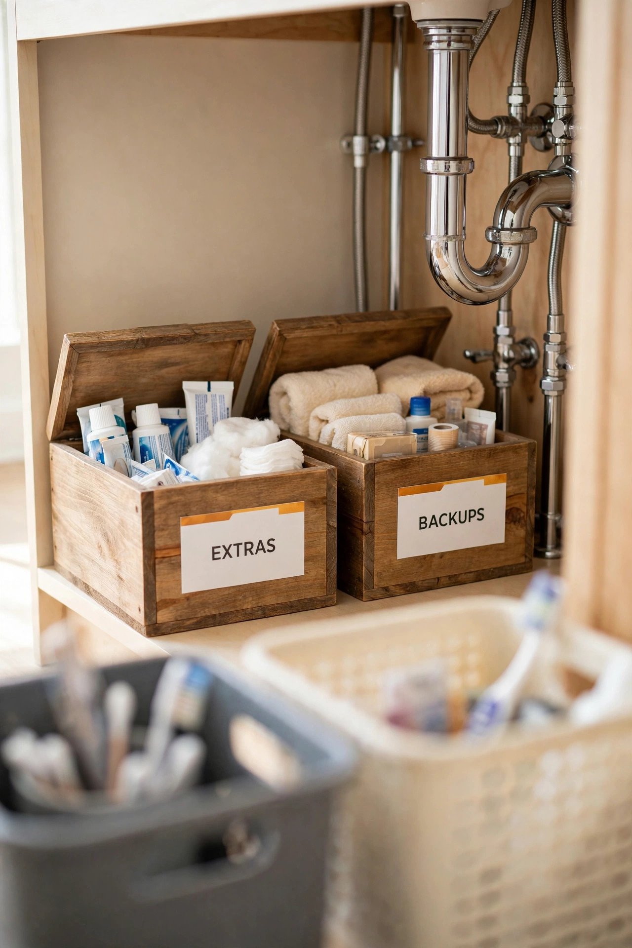 Labeled wooden boxes storing extra bathroom supplies in an under bathroom sink organization cabinet