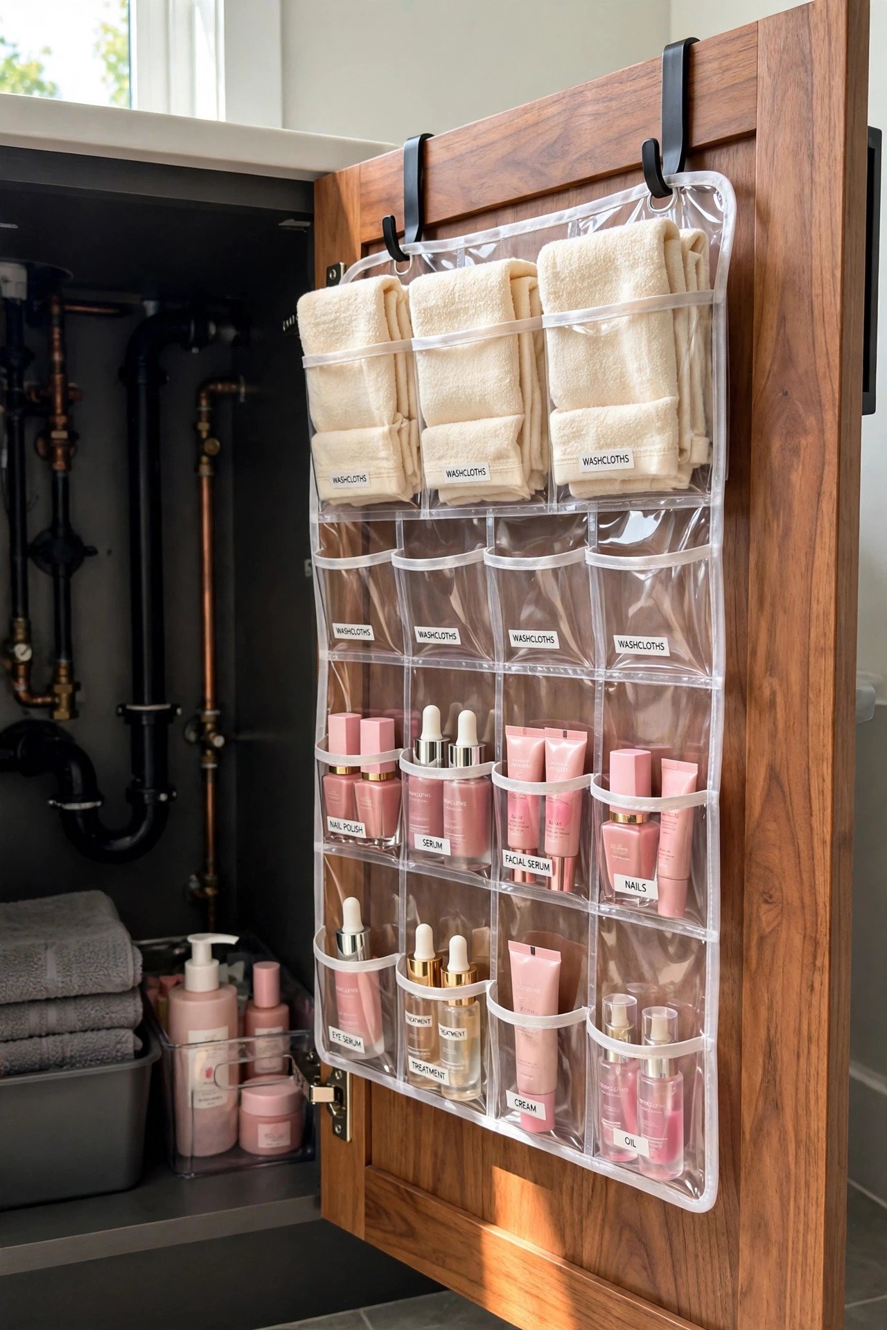 Clear pocket organizer on the cabinet door holding small items in an under bathroom sink organization cabinet