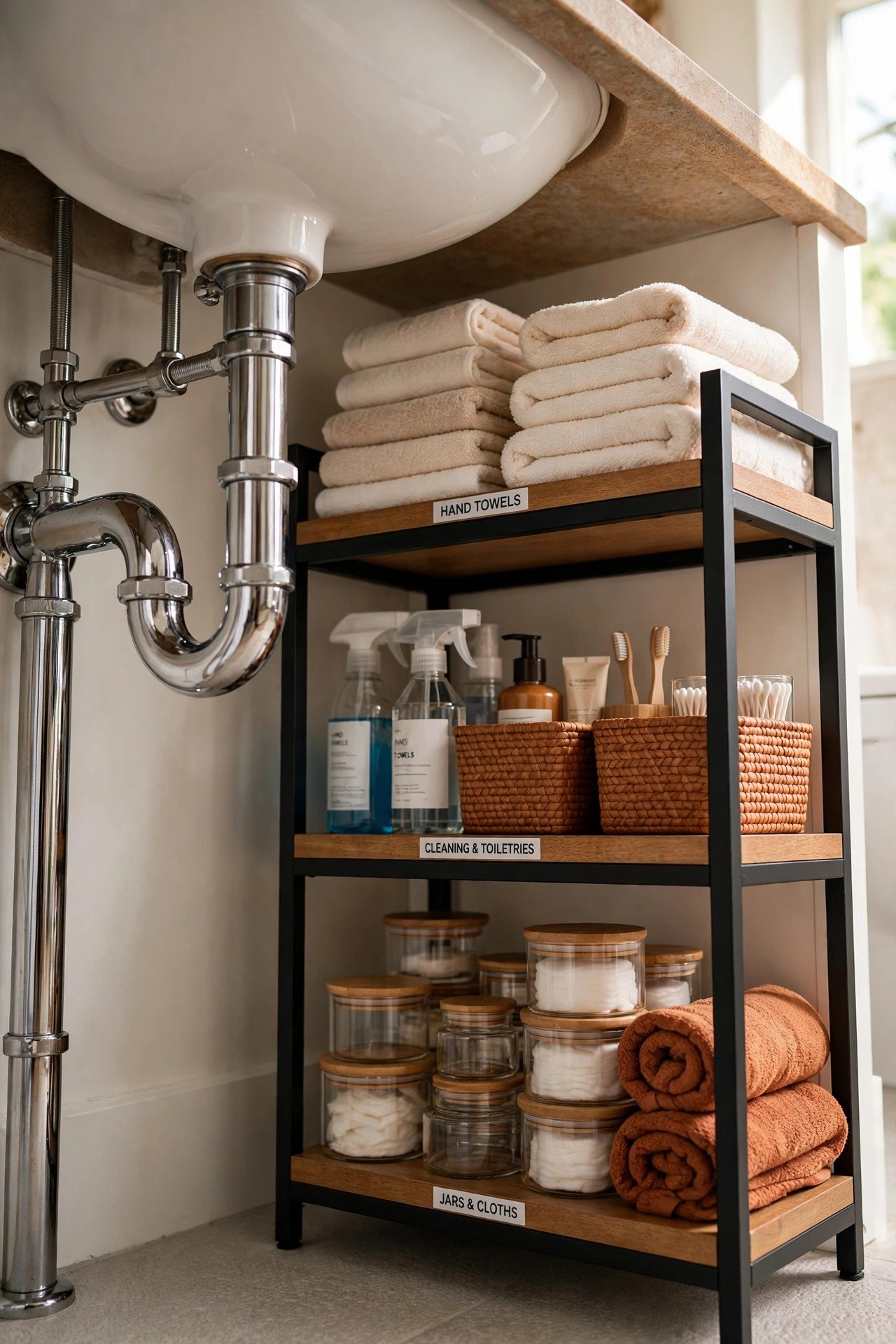 Tall three-tier organizer beside sink pipes with labeled supplies in an under bathroom sink organization cabinet