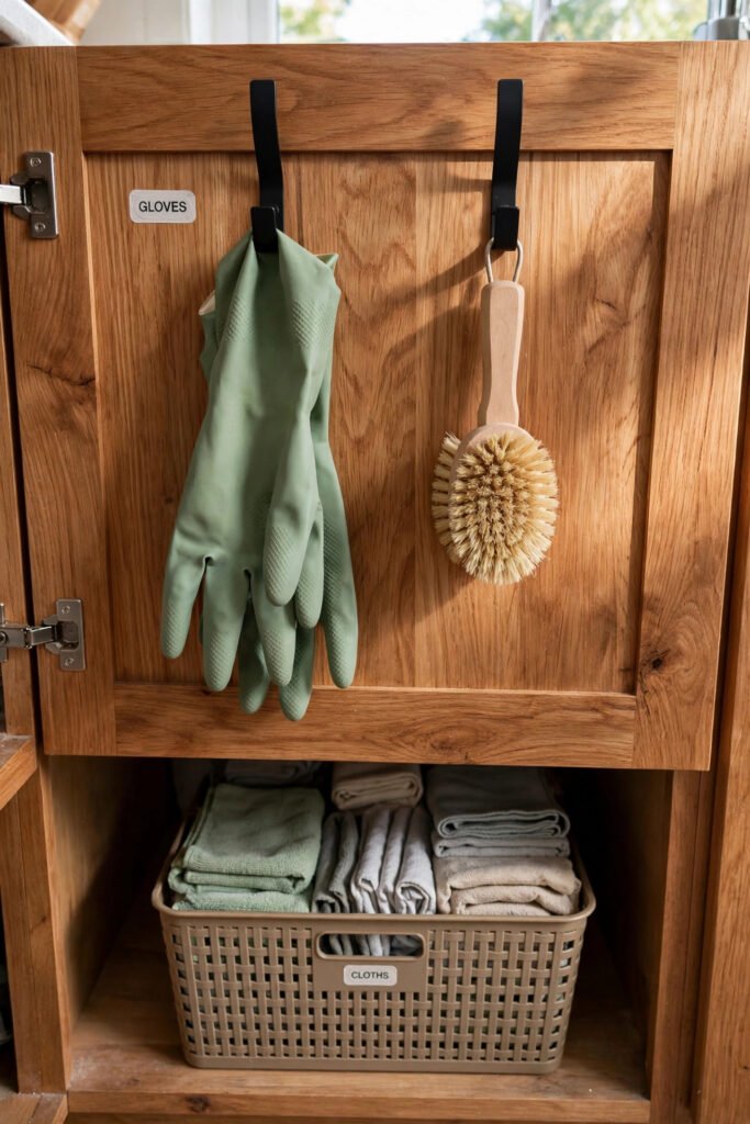 Hooks on cabinet door holding gloves and brush under sink
