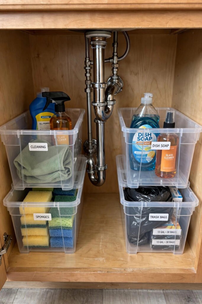 Clear labeled bins for under sink organization