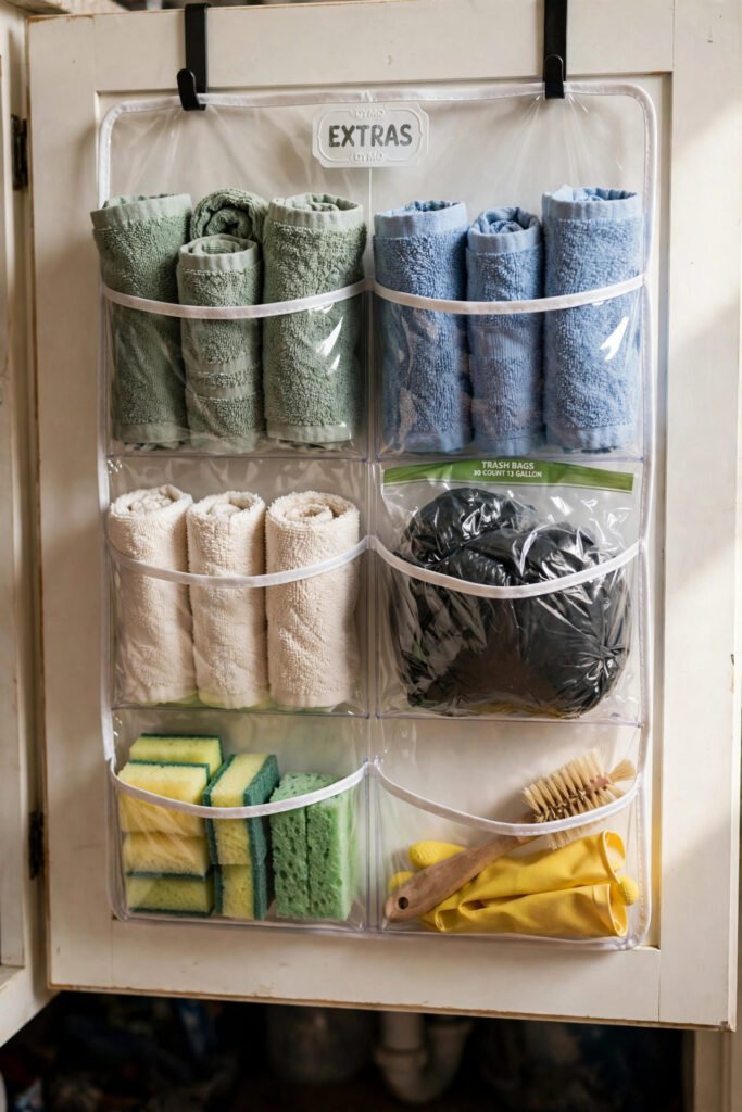 Clear pockets organizing items on under sink cabinet door