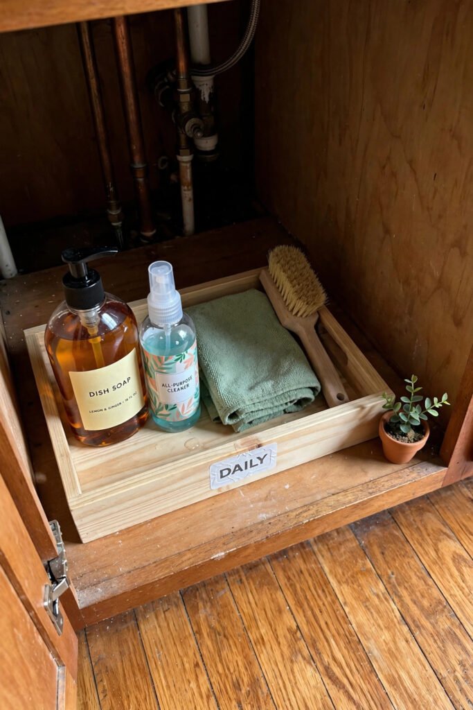 Tray with daily cleaning essentials under sink