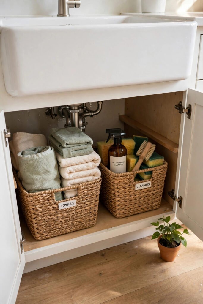 Baskets under a farmhouse kitchen sink