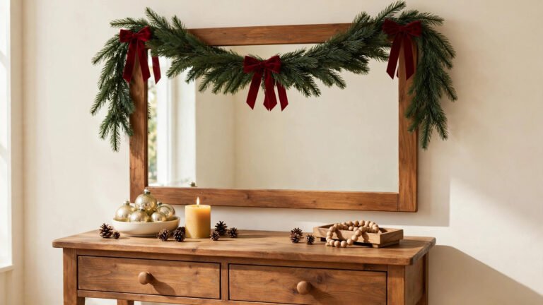 Festive rustic Christmas vanity decorated with pine garland, red bows, gold ornaments and candles