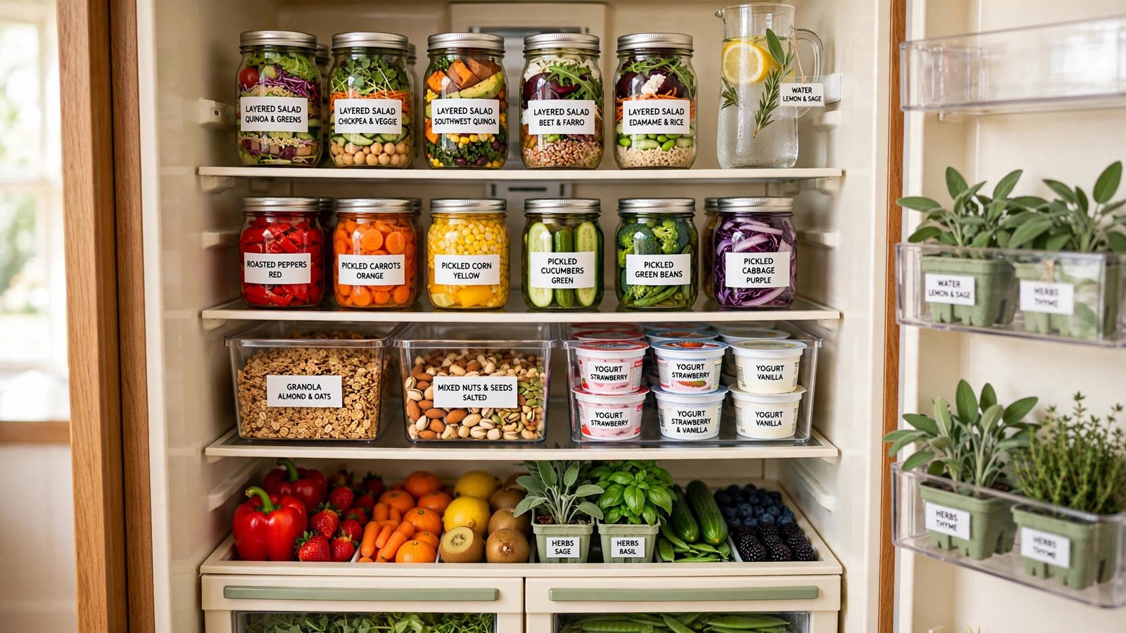 Picture-perfect organized fridge with labeled clear bins, jars and fresh produce
