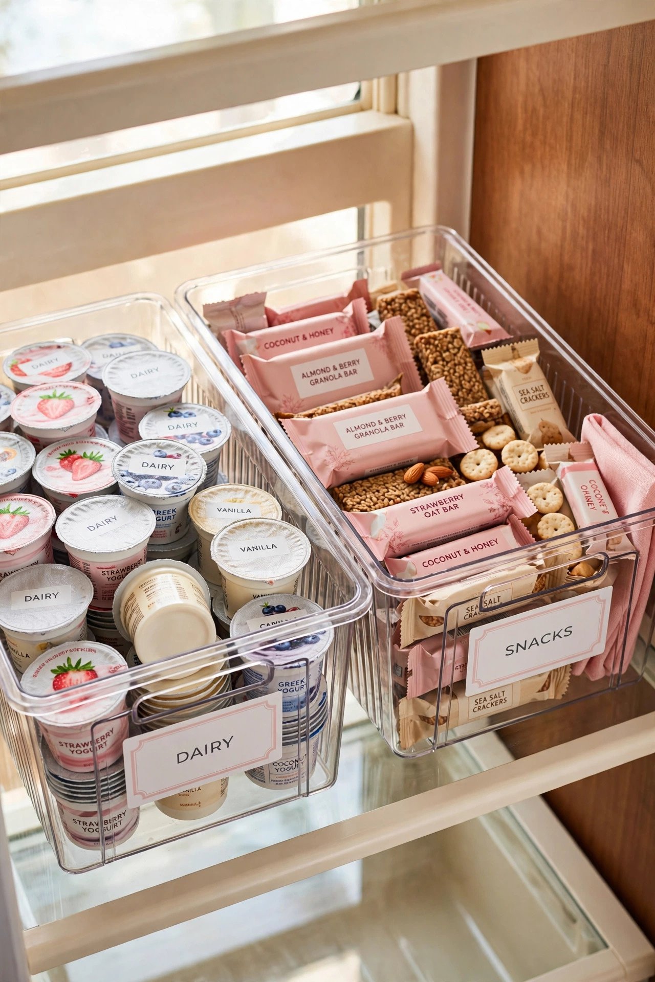 Clear labeled bins filled with snacks and yogurt in an aesthetic fridge organization setup