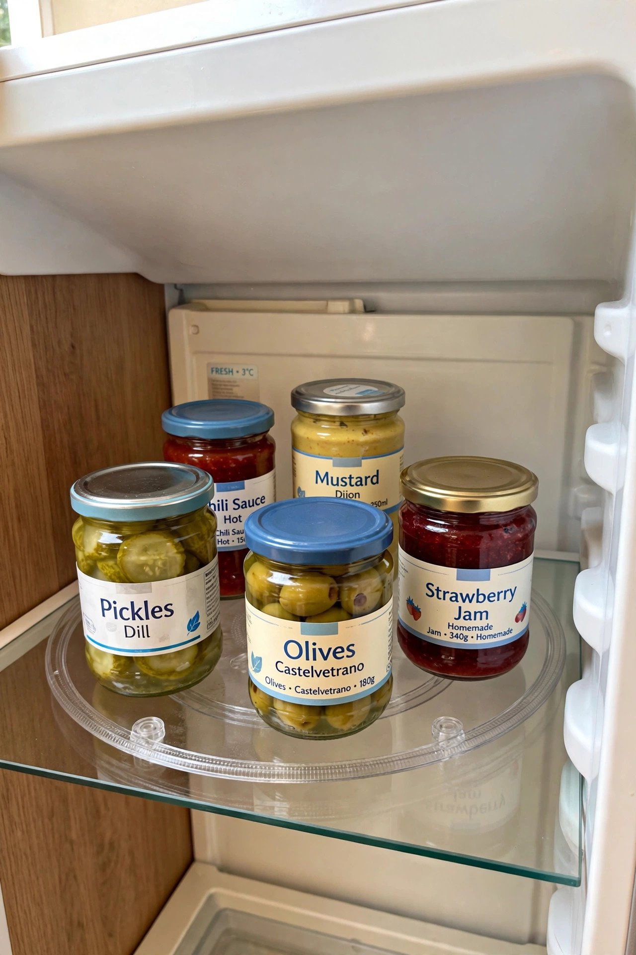Clear turntable with neatly arranged jars and sauces for smart fridge organization