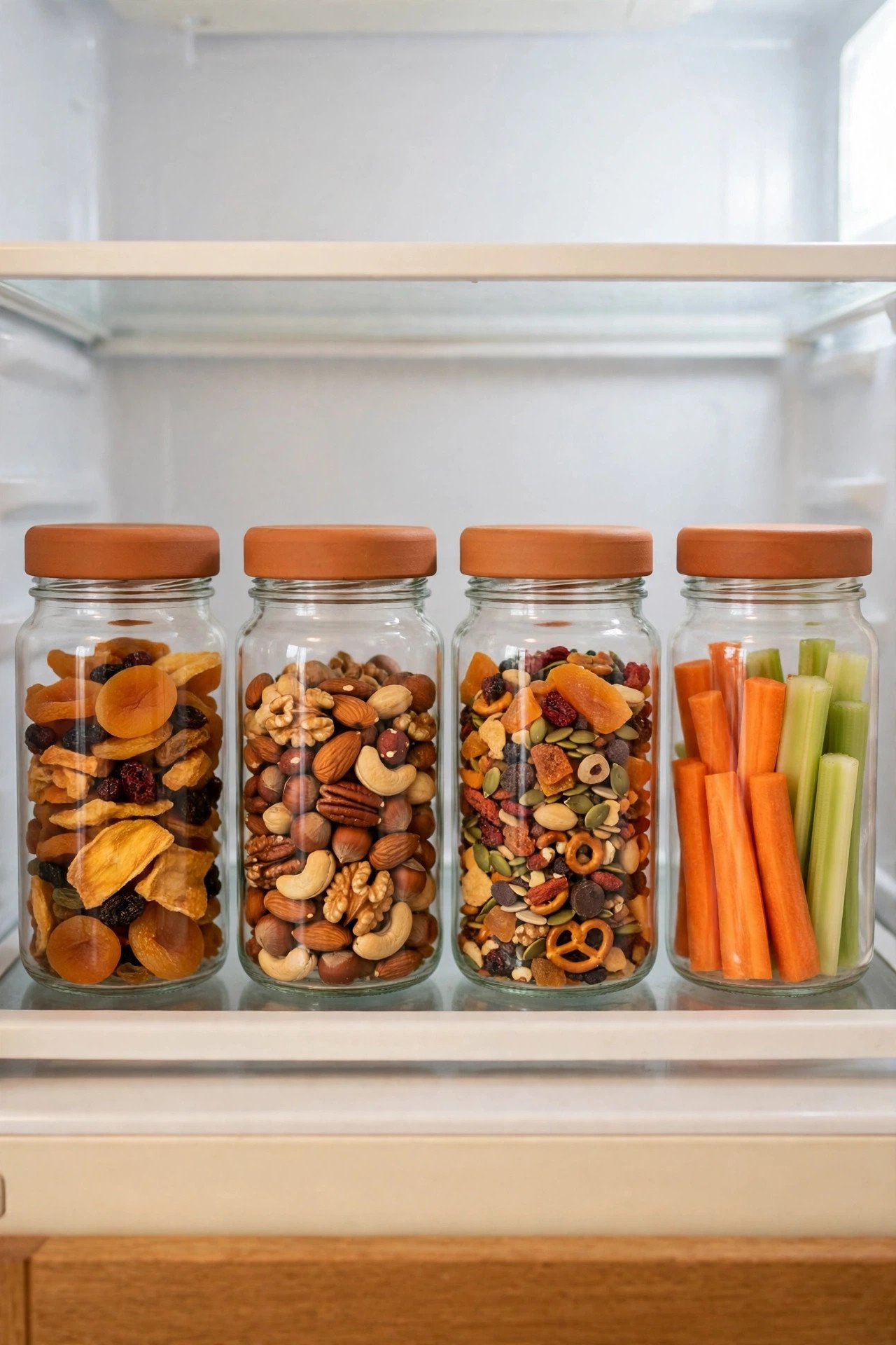 Matching glass jars filled with nuts and cut veggies for beautiful fridge organization
