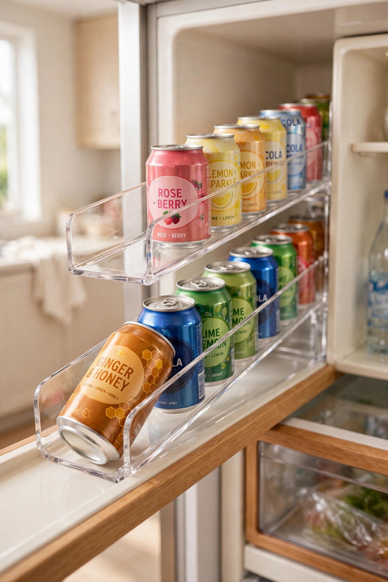 Gravity-fed can dispenser with neat rows of drinks in an organized aesthetic fridge