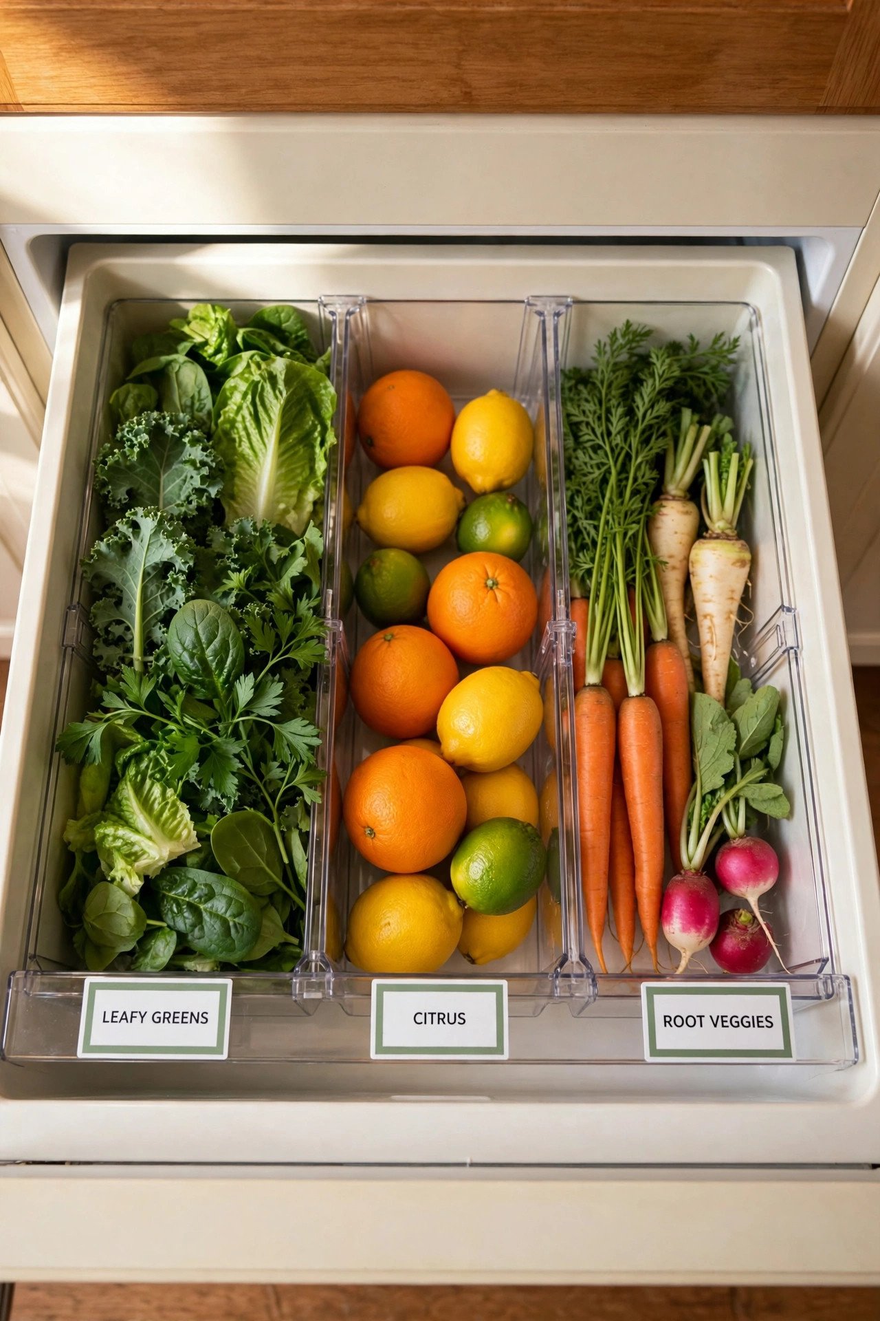 Crisper drawer with labeled dividers separating produce in an organized fridge