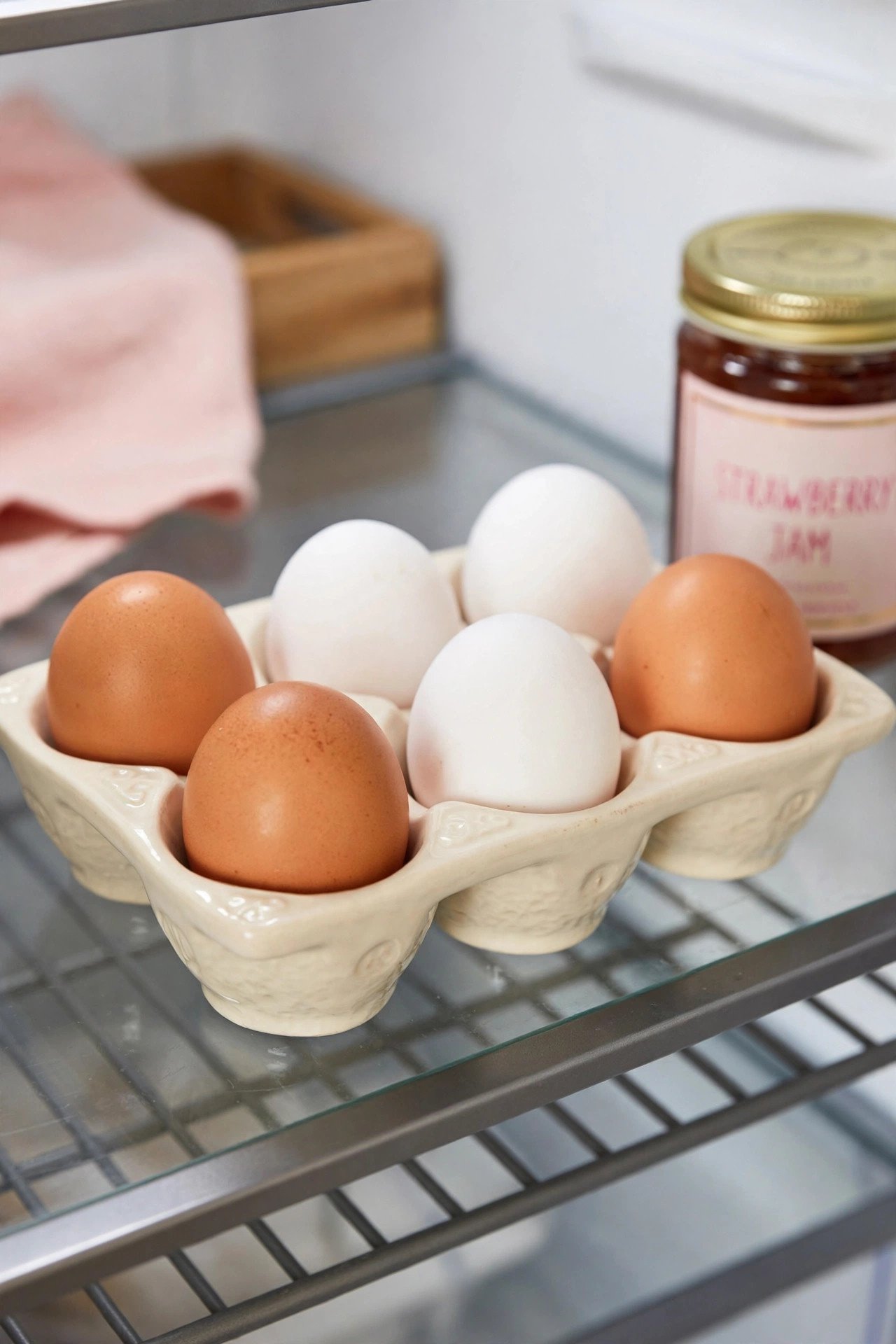 Cream ceramic egg holder filled with eggs on a fridge shelf in aesthetic fridge organization