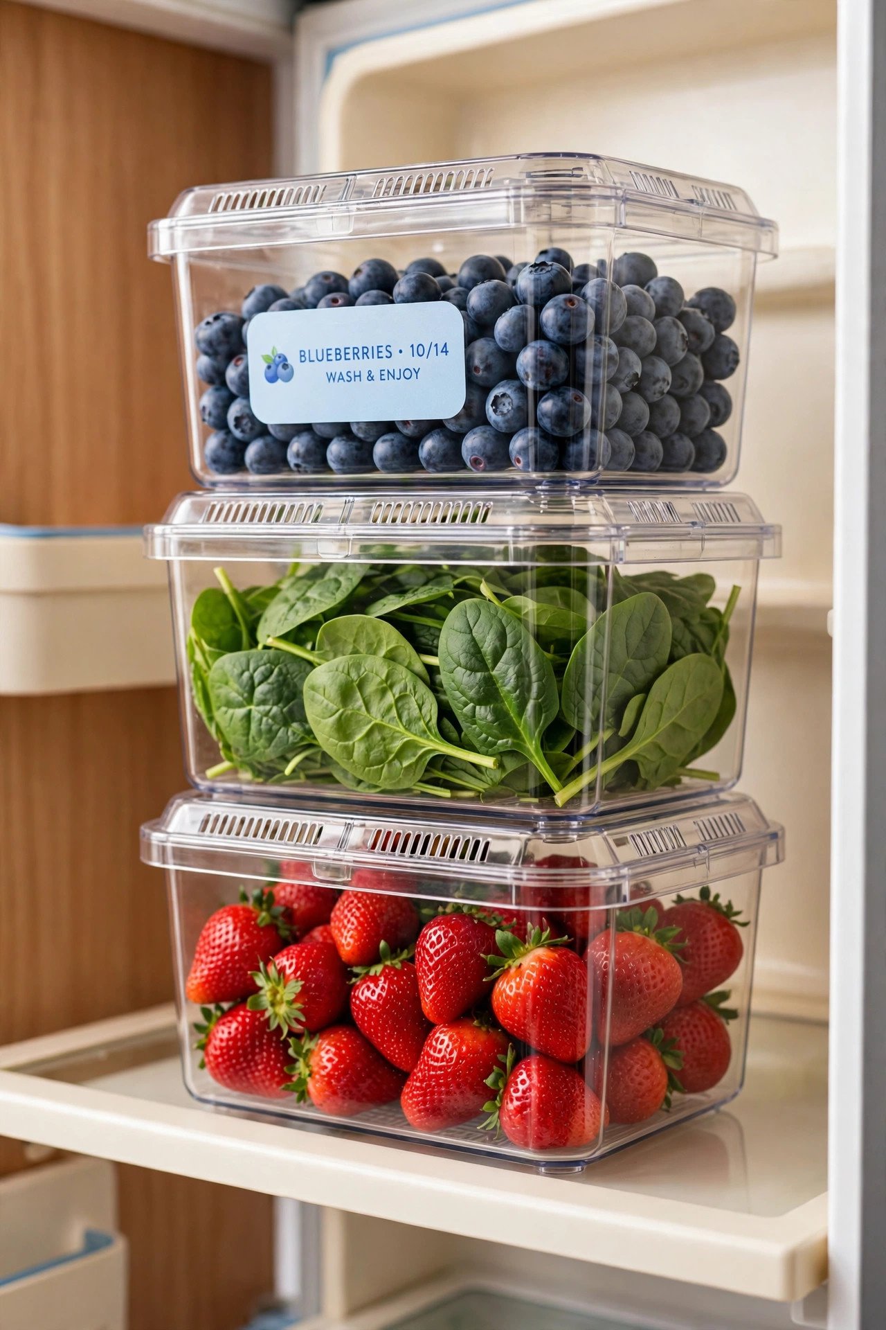 Stacked freshness saver bins filled with berries and greens for fridge organization
