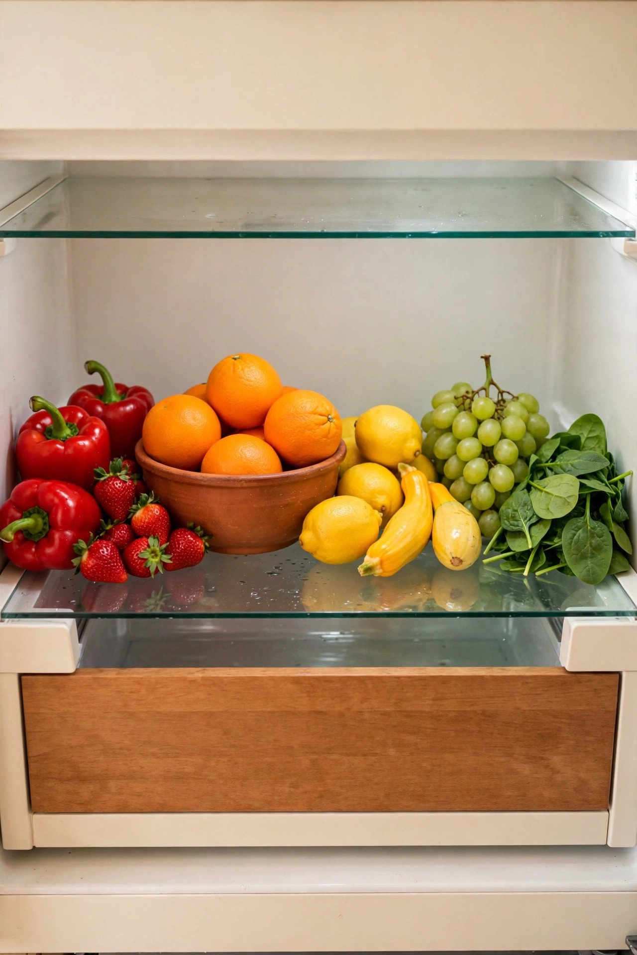 Fridge shelf with produce arranged in rainbow order for stunning fridge organization