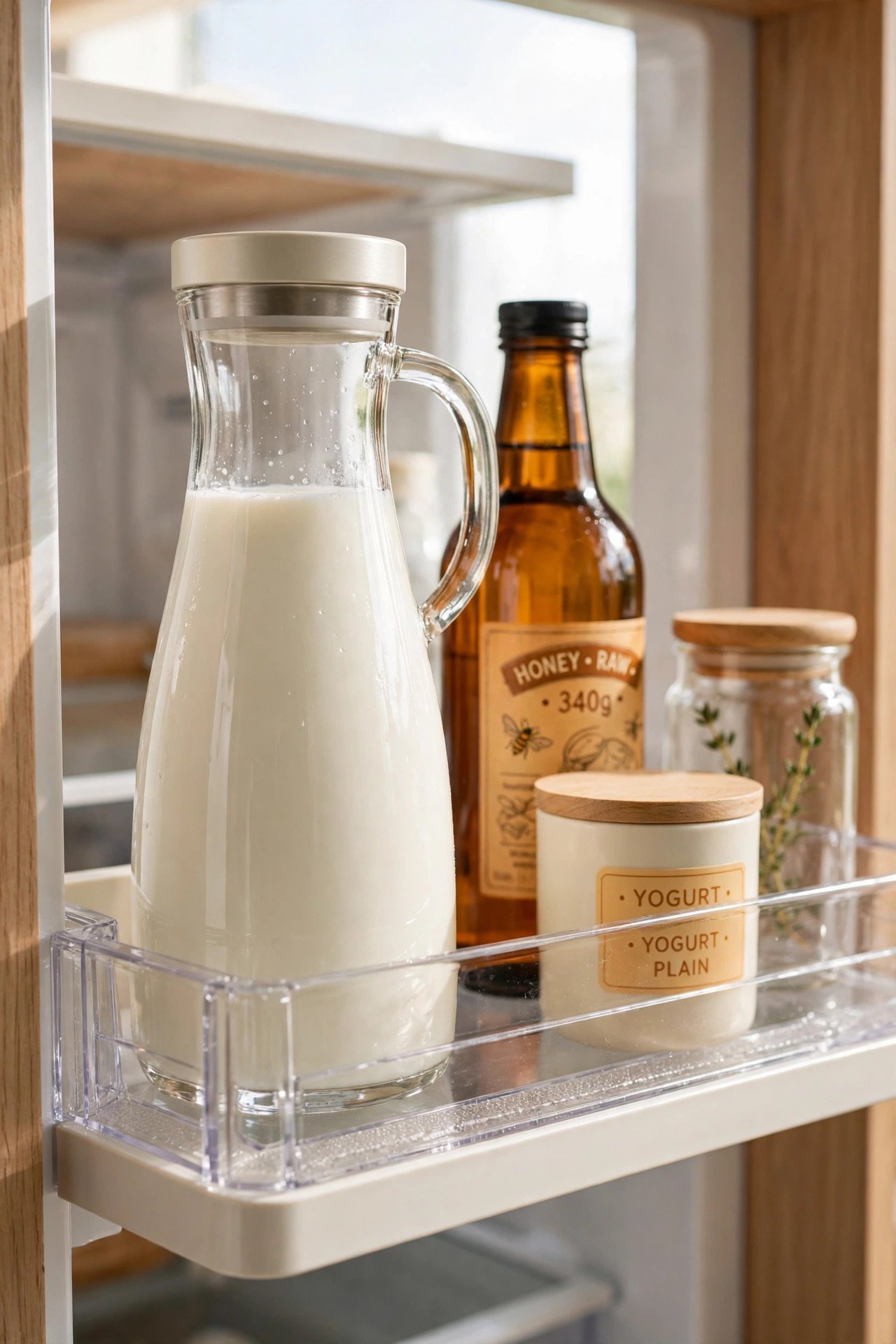 Sleek glass milk carafe on a fridge door shelf in a minimal fridge organization setup