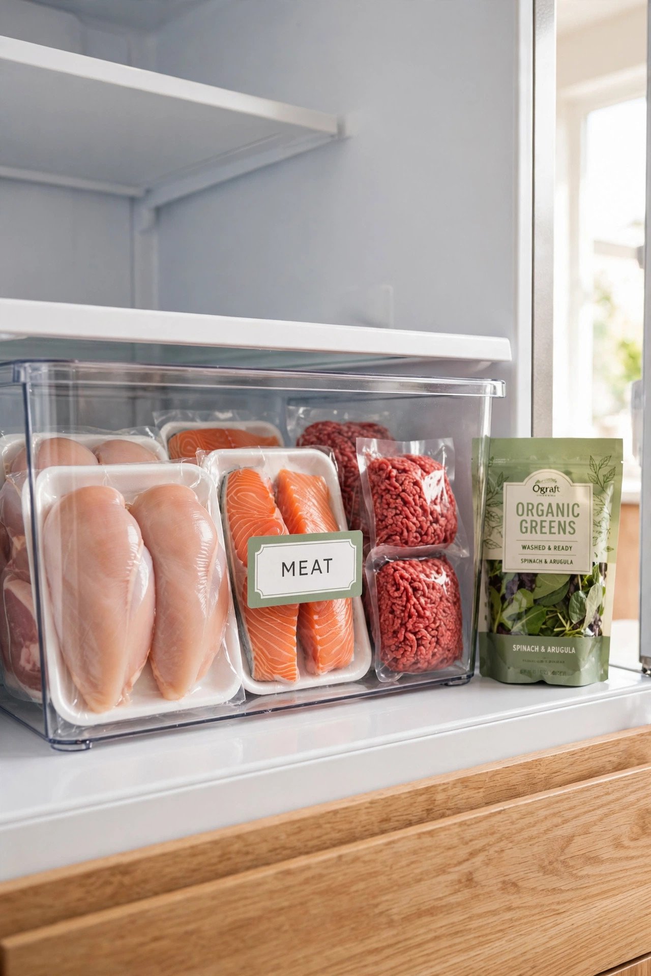 High-sided clear bin holding packaged meats on the bottom fridge shelf for safe fridge organization
