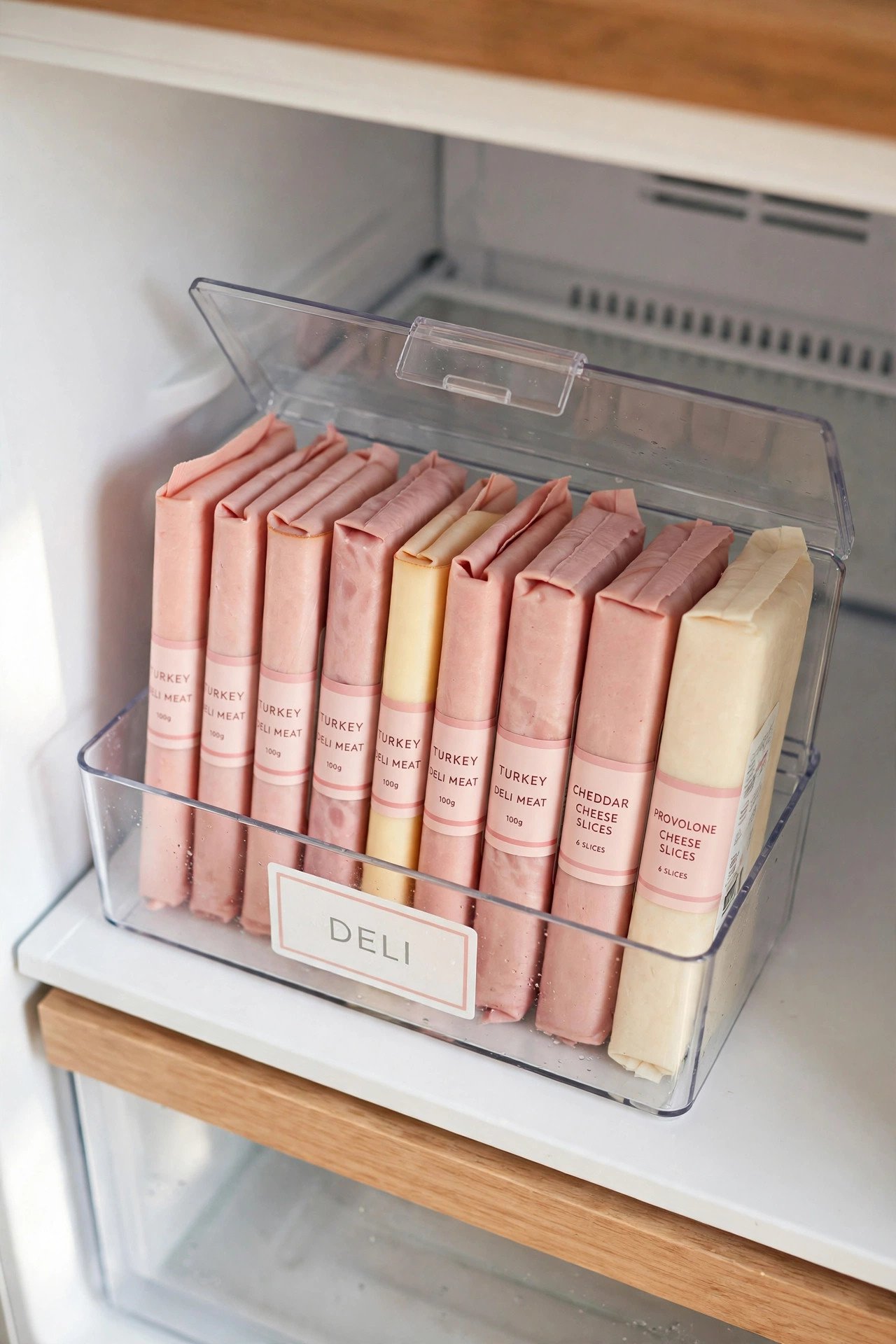 Slim bin with neatly stacked deli meat and cheese slices in an organized fridge