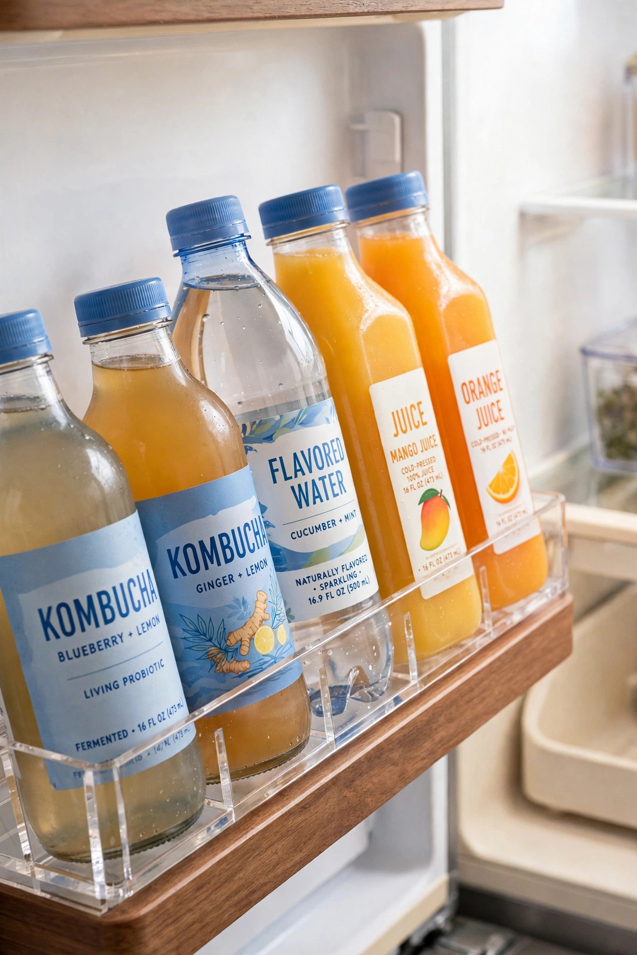 Vertical clear rack holding tall juice bottles upright for tidy fridge organization